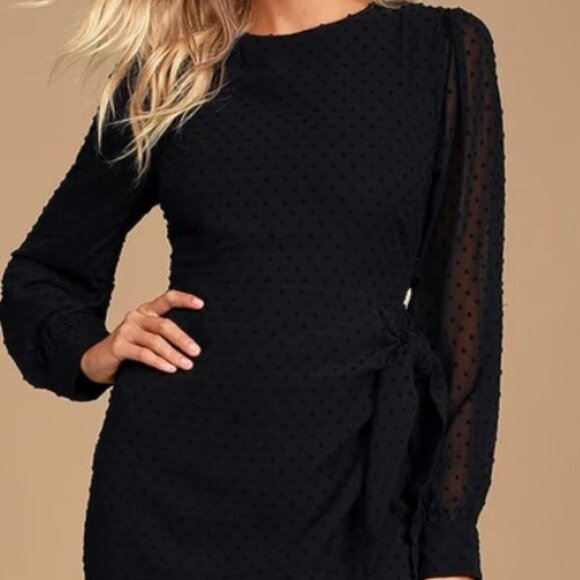 much love black swiss dot long sleeve tie-front mini dress Black Swiss Dot Long Sleeve Tie-Front Mini Dress | Womens | X-Small | 100% Polyester